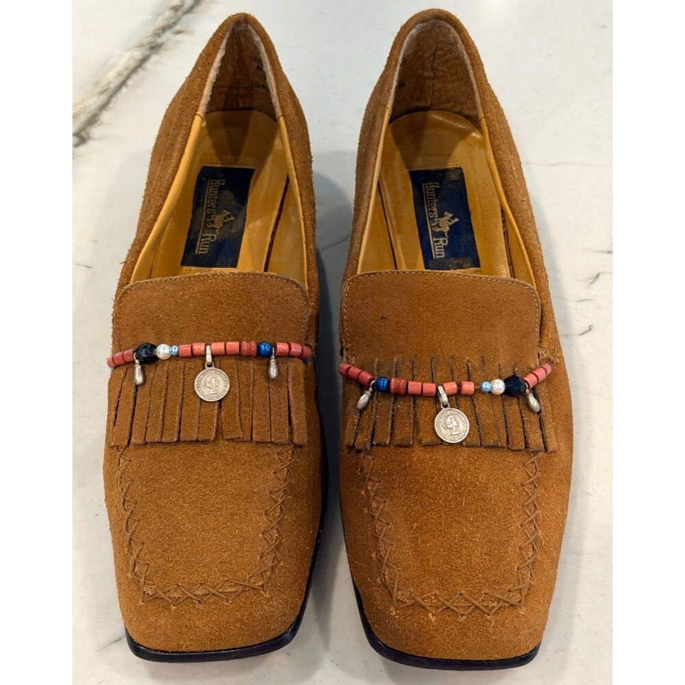 Hunters Run Suede Loafers Fringe Trim With Decorative Beading Coin Accents 10WW